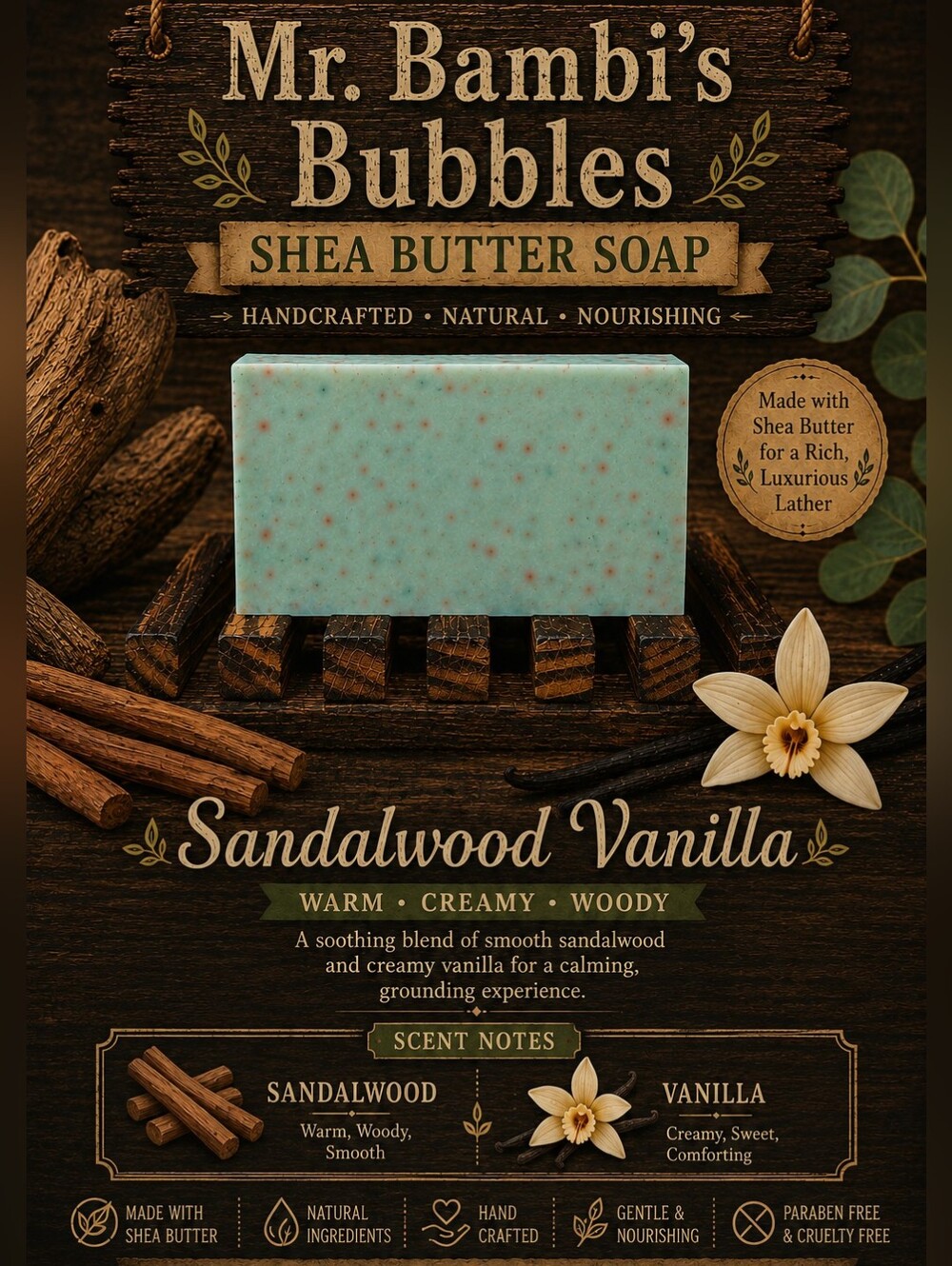 Sandalwood Vanilla 4oz Mr. BambisBubbles Shea Butter Soap